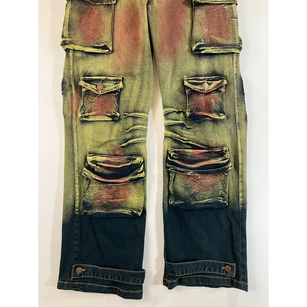 Daisy Women's XL Strapless Cargo Denim Jumpsuit Multicolor Acid Wash Y2K NWT - Picture 3 of 8